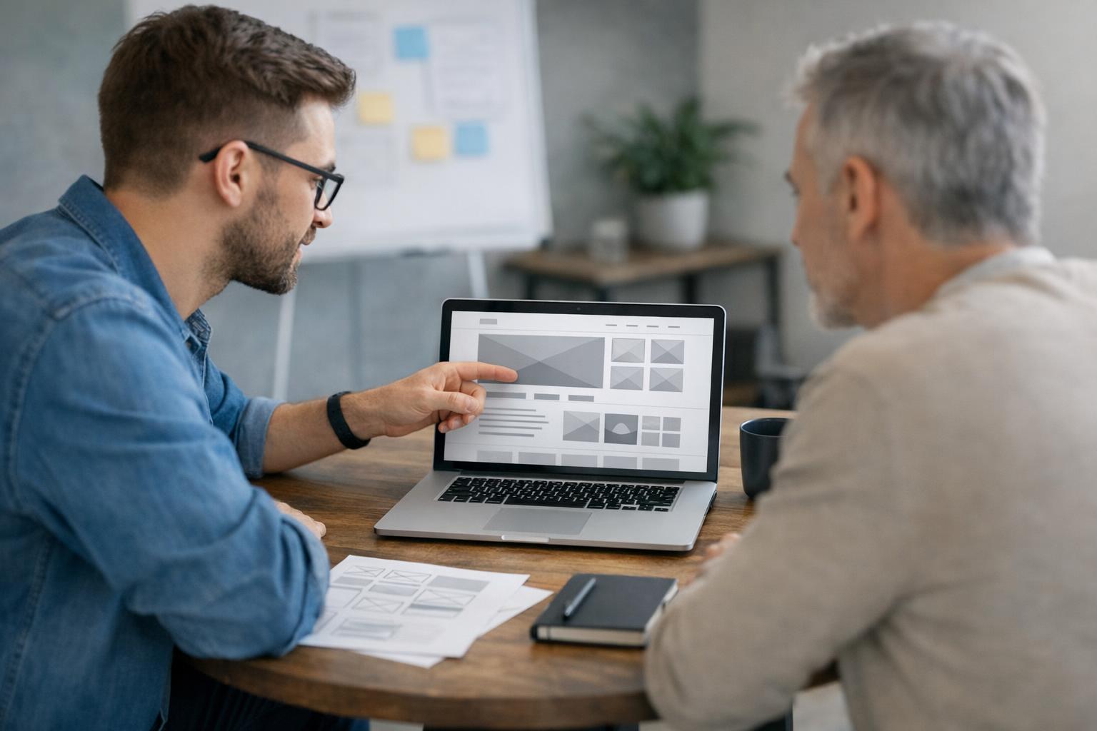 Zdjęcie: projektant omawia makietę strony z klientem na laptopie