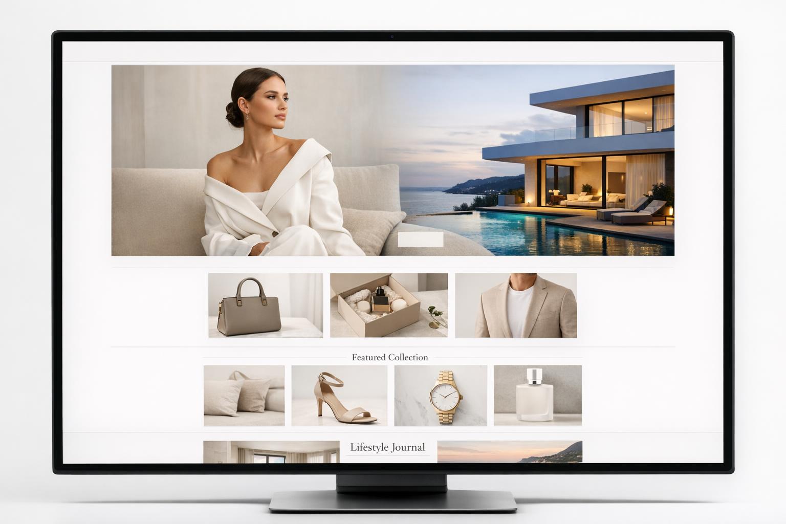 Zdjęcie: ekran monitora pokazujący nowoczesną stronę internetową z eleganckim layoutem