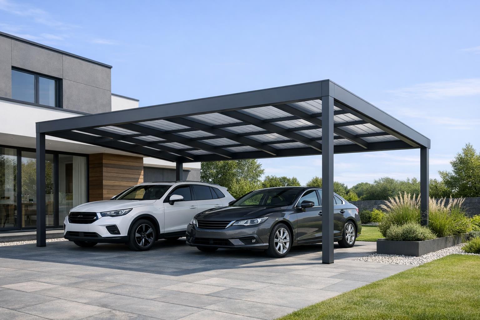 nowoczesna aluminiowa wiata Carport przy domu, elegancka konstrukcja