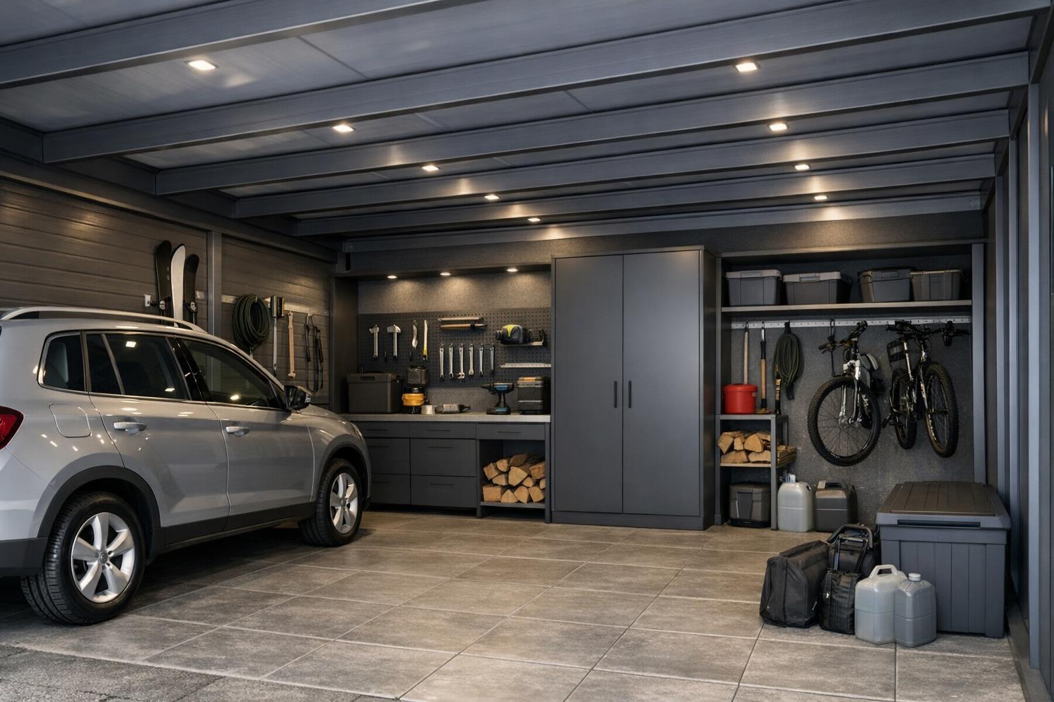 wnętrze praktycznej aluminiowej wiaty Carport z oświetleniem i zabudową